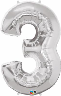 Silver Number 3 Balloon, 34 Inch