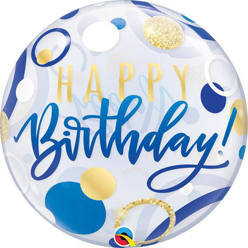 Cheerful 22-inch Blue Happy Birthday Circle Bubble Balloon with Gold Dots