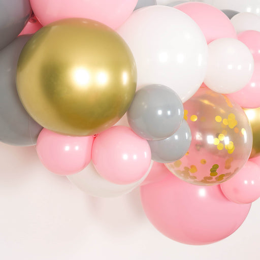 Bubblegum Pink, White, Gray and Gold Balloon Arch and Garland Kit (5, 10, 16 foot) - Shimmer & Confetti