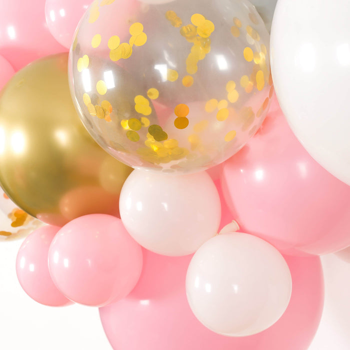 Bubblegum Pink, White, Gray and Gold Balloon Arch and Garland Kit (5, 10, 16 foot) - Shimmer & Confetti