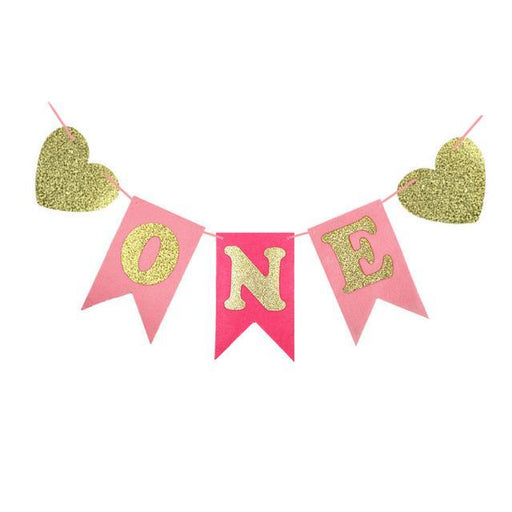 First Birthday High Chair Banner - Pink and Gold - Shimmer & Confetti