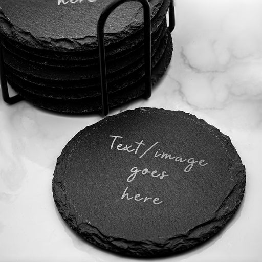 Round Slate Coasters with text goes here font