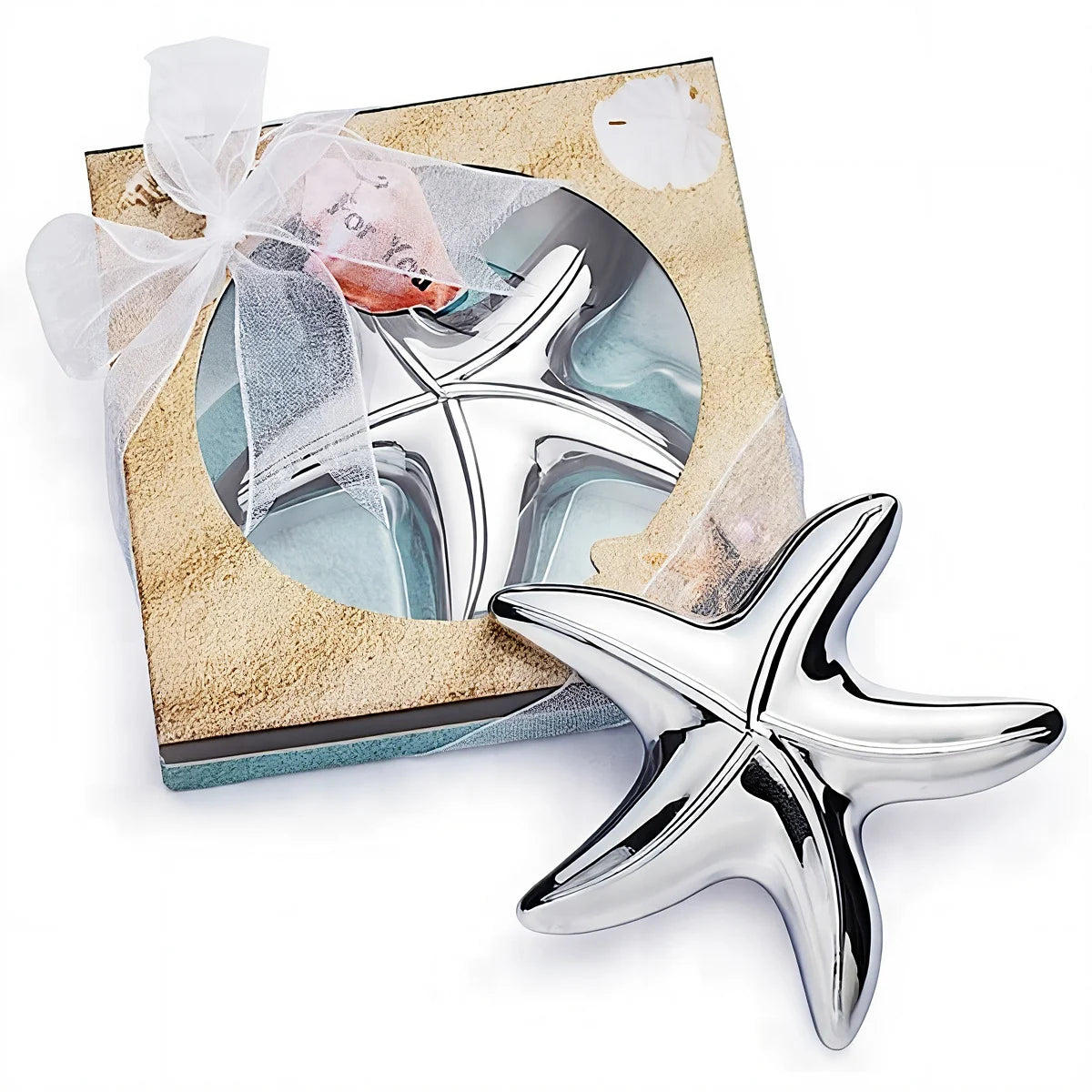 Silver starfish bottle opener party favor in a gift box