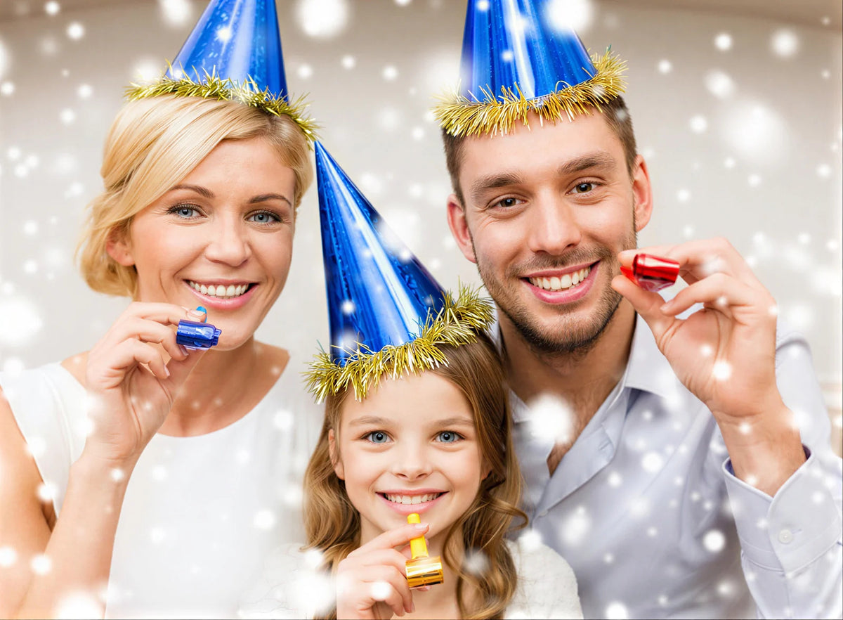 Friends enjoying colorful party favors together