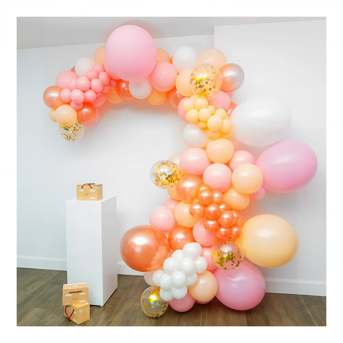 Pink, peach and rose gold balloon arch kit available in bulk