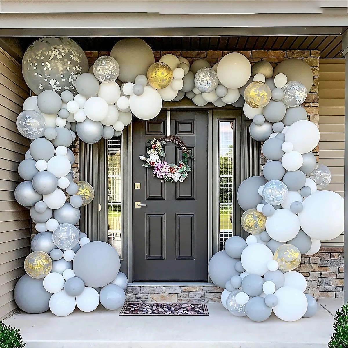 White, silver and gold balloon arch kit available in bulk